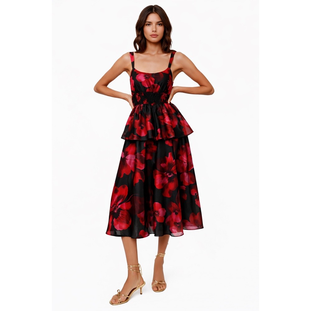 New! Hutch Desiree Black Red Floral Peplum Midi Dress Small Fit &‎ Flare